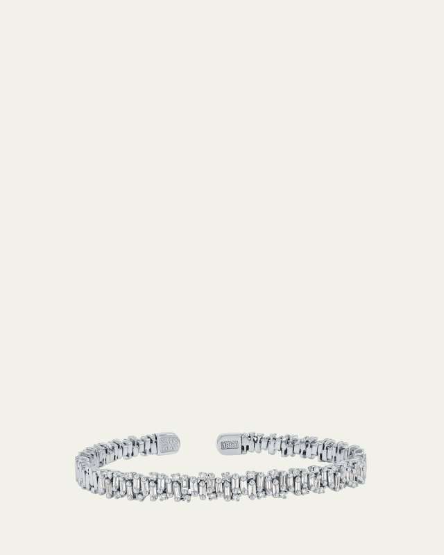 18K White Gold OAK Shimmer Baguette and Round Diamond Bangle Bracelet